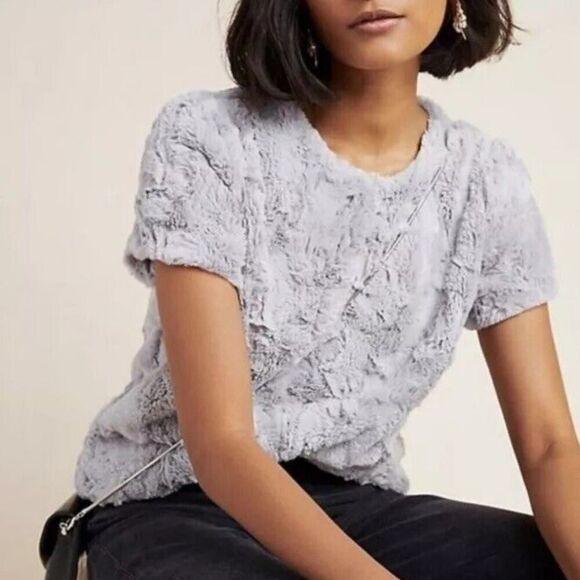 Anthropologie Leifsdottir faux fur zip back short sleeve tee sz L - Picture 1 of 11